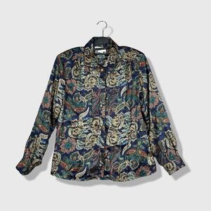 Heritage Road Button Up Blouse Womens 12 Navy Blue Paisley Vintage Maximalist